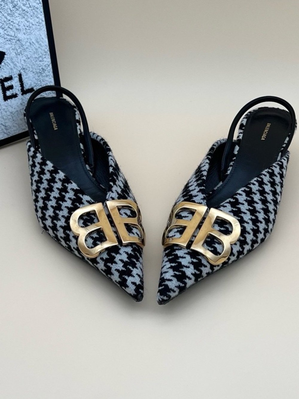 Balenciaga Black & White Houndstooth Pointed Slingback Mules with Gold BB Emblem